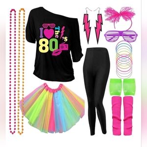 80s Party Costume Set with Black Top and Neon Accessories Size XXL